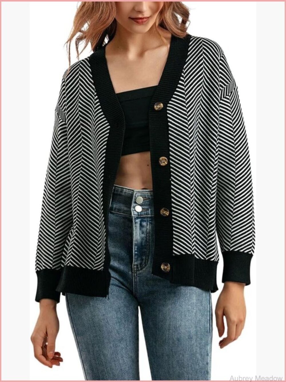 Button Down V Neck Herringbone Cardigan Sweater Jacket